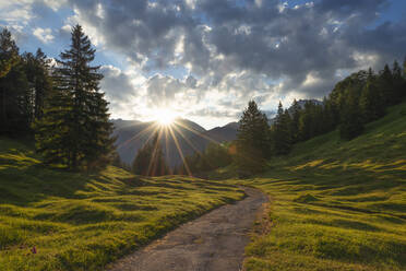 Deutschland, Bayern, Wanderweg in den Alpen bei Sonnenuntergang - RUEF03861