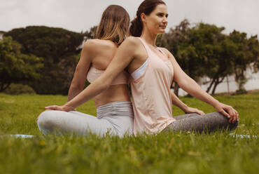 Zwei Fitness-Frauen sitzen mit dem Rücken zueinander in einem Park und machen Workout. Frauen machen Fitness-Übungen sitzen in einem Park. - JLPSF12435
