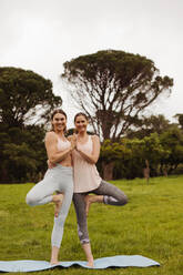 Zwei Fitness-Frauen, die in einem Park auf einem Bein stehend Yoga praktizieren und sich gegenseitig festhalten. Porträt von zwei Fitness-Frauen, die zusammen in Baumhaltung stehen. - JLPSF12438