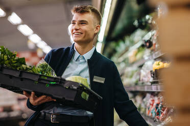 Männlicher Arbeiter, der im Supermarkt die Gemüseabteilung auffüllt. Ein Mann arbeitet in der Gemüseabteilung eines Lebensmittelgeschäfts. - JLPSF12534