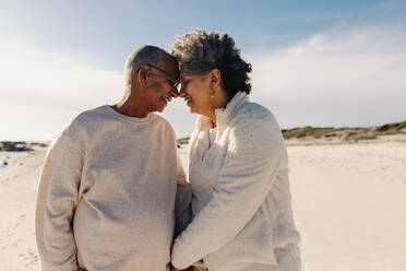 Elderly couple smiling and touching their heads together at the beach. Cheerful senior couple sharing a romantic moment outdoors. Happy couple couple bonding during retirement. - JLPSF13028