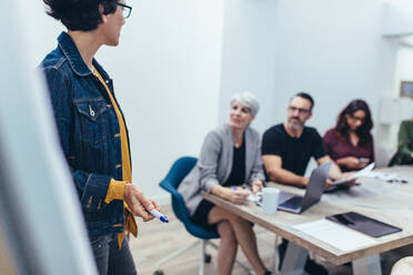 Eine Geschäftsfrau hält eine Präsentation auf einem Flipchart vor Kollegen, die in einem Konferenzraum am Tisch sitzen. Eine weibliche Führungskraft teilt ihre Ideen während einer Präsentation mit. - JLPSF13065