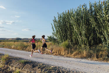 Trail-Trainer mit Frau, die auf dem Fußweg läuft - EGHF00595