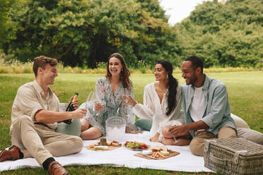 Lächelnde junge Leute, die im Park Sekt trinken, eine Gruppe von Freunden, die ein Picknick veranstalten. - JLPSF14057
