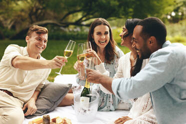 Multiethnische Freunde stoßen mit Champagnergläsern an, während sie im Park sitzen. Zwei Paare genießen ein luxuriöses Picknick auf dem Lande. - JLPSF14060