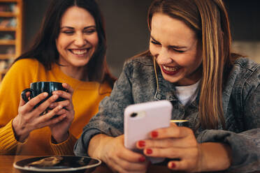 Frau zeigt ihrer Freundin etwas Lustiges auf ihrem Handy und lacht. Zwei Mädchen sitzen an einem Tisch im Café und schauen auf ein Handy und lächeln. - JLPSF14080