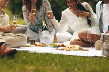 Beschnittene Aufnahme von jungen Leuten, die im Park ein Picknick machen. Freunde sitzen auf einer Picknickdecke und essen und trinken Sekt. - JLPSF14155