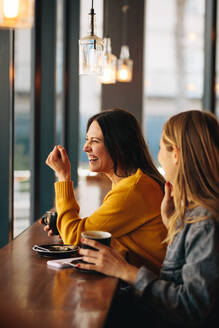 Treffen von Freundinnen in einem Café: Zwei Frauen sitzen am Tisch und unterhalten sich. - JLPSF14188