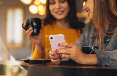 Two female friends meeting at a coffee shop. Woman holding mobile phone sitting with a friend at cafe. - JLPSF14189