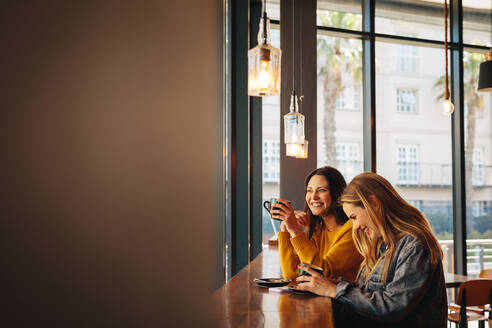 Zwei Freundinnen lachen und haben Spaß in einem Café. Zwei Frauen unterhalten sich beim Kaffeetrinken in einem Café. - JLPSF14371