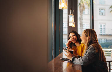 Two female friends talking at a coffee shop. Young women sitting at a cafe and smiling. - JLPSF14372