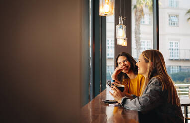 Zwei Freundinnen unterhalten sich in einem Café. Junge Frauen sitzen in einem Café und lächeln. - JLPSF14372