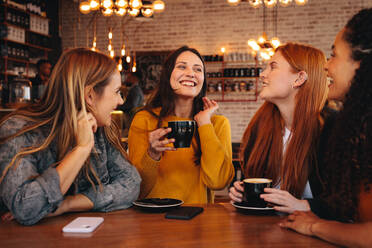 Eine Gruppe von Freunden sitzt in einem Café und unterhält sich. Junge Frauen tauschen sich mit ihren Freunden über lustige Dinge aus. - JLPSF14387