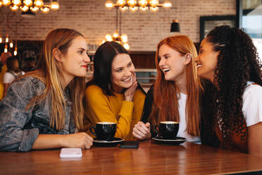 Glückliche junge Leute, die in einem Café zusammensitzen und bei einer Tasse Kaffee tratschen. Eine Gruppe von Freunden trifft sich in einem Café. - JLPSF14388