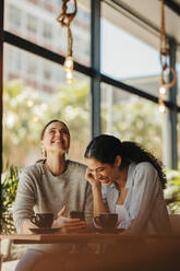 Zwei Frauen schauen auf das Telefon und lachen in einem Café. Freunde sitzen mit Kaffeetassen auf dem Tisch und haben Spaß. - JLPSF14428