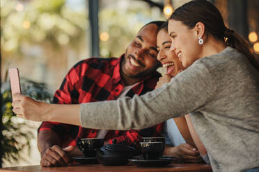 Eine Gruppe von Freunden macht ein Selfie in einem Café. Lächelnde Freunde treffen sich in einem Café und machen ein Selfie mit einem Mobiltelefon. - JLPSF14435