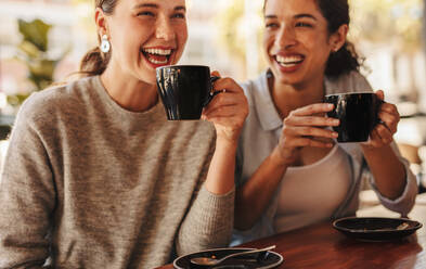 Two friends having coffee together in a coffee shop. Best friends gossing over coffee in a cafe. - JLPSF14438