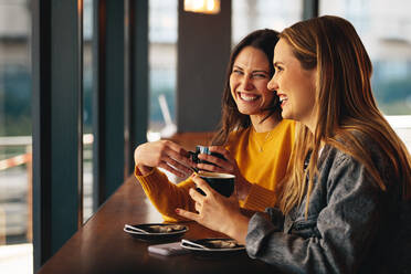 Women friends meeting at cafe on a weekend. Two female friends sitting at coffee shop having a coffee and chatting. - JLPSF14459