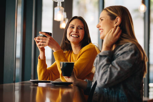 Zwei Freundinnen sitzen in einem Café, trinken Kaffee und plaudern. Freundinnen treffen sich am Wochenende in einem Café. - JLPSF14461