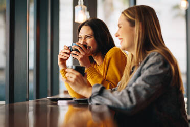 Freunde beim Kaffeetrinken und Plaudern in einem Café. Lächelnde Freundinnen in einem Coffeeshop. - JLPSF14462