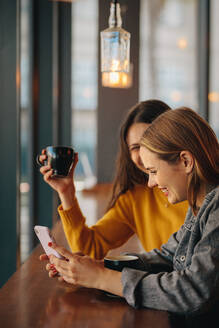 Zwei Frauen, die ein Mobiltelefon benutzen, während sie in einem Café Kaffee trinken. - JLPSF14466