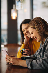 Fröhliche Freundinnen sitzen in einem Restaurant, wobei eine Frau ihrer Freundin etwas Interessantes zeigt. Junge Frauen sitzen im Café und telefonieren. - JLPSF14468