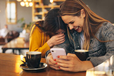 Zwei Frauen sitzen im Café und amüsieren sich, während sie auf ihr Handy schauen. - JLPSF14472