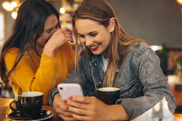 Frau zeigt ihrer Freundin etwas Lustiges auf ihrem Handy und lächelt. Zwei Freundinnen sitzen an einem Tisch im Café und schauen auf ein Handy und lächeln. - JLPSF14473