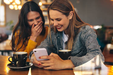 Zwei Frauen, die sich in einem Café treffen, schauen auf ihr Handy und lächeln. Glückliche Freundinnen, die ihr Handy in einem Café benutzen und lächeln. - JLPSF14474