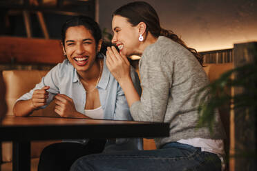 Frauen im Gespräch bei einem Treffen in einem Café. Zwei Freundinnen sitzen in einem Café und reden miteinander und lächeln. - JLPSF14673