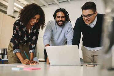 Businessmen and woman working on a laptop together as a team. Woman entrepreneur making notes during a discussion with colleagues in office. - JLPSF15521