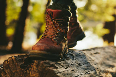 Ausschnitt einer Person, die auf einem umgestürzten Baumstamm in einem Wald läuft. Nahaufnahme der Beine einer Person, die auf einem Holzstamm im Freien steht. - JLPSF15565