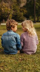 Rear shot of siblings sitting on the grass and looking at each other faces. Little sister sitting with her brother at park. - JLPSF15739