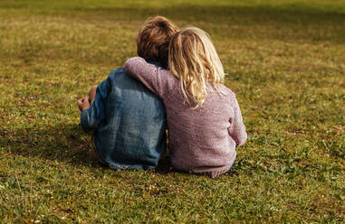 Rückansicht von Geschwistern im Gras sitzend. Kleines Mädchen sitzt bei ihrem Bruder und legt ihren Arm auf seine Schulter im Park. - JLPSF15758