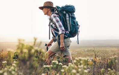 Seitenansicht einer älteren Frau beim Trekking in der Wildnis. Frau mit Rucksack und Hut geht beim Trekking durch Büsche und Pflanzen und hält einen Wanderstock. - JLPSF15783