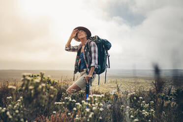 Wanderin, die während ihrer Wanderung im Gebüsch steht und in den Himmel schaut. Ältere Frau auf einem Wanderausflug mit Rucksack und Hut. - JLPSF15785