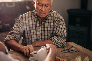 Ein älterer Mann wird von einem Freund zu Hause mit Tee bewirtet. Ein pensionierter Mann sitzt mit einem Freund beim Tee im Haus. - JLPSF16199