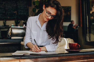Schöne Frau sitzt in der Nähe eines Fensters im Café und macht wichtige Notizen in ihrem Buch. Kaukasische Frau schreibt in einem Buch im Café. - JLPSF16496