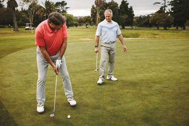 Senior golfer on putting green about to take the shot. Male golf player putting on green with second player standing at the back. - JLPSF16677