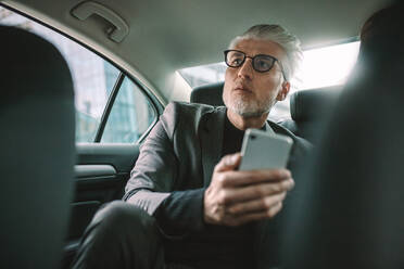 Senior businessman sitting on backseat of taxi with mobile phone. Mature male commuter traveling by a cab. - JLPSF16711