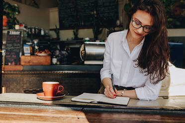 Glückliche junge Frau sitzt im Café und schreibt Notizen in ihr Tagebuch. Frau macht Notizen in ihrem Buch, während sie sich im Café entspannt. - JLPSF16887