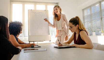 Kaukasische Frau, die ihren Kollegen am Tisch eine Präsentation auf einem Flipchart gibt. Multiethnische Geschäftsfrauen, die in einer Sitzung einen Budgetplan diskutieren. - JLPSF16924