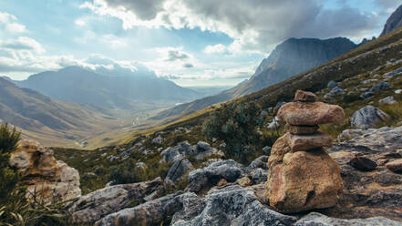 Stack of rocks on rocky mountain. Mountain and valley in Jonkershoek nature reserve. - JLPSF16952