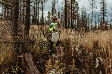 Baumpflegerin mit Warnweste geht im Wald spazieren und trägt eine Tasche voller Bäume und eine Schaufel. Frau arbeitet im Wald und pflanzt neue Bäume. - JLPSF17408