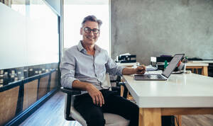 Positive mature businessman sitting at office desk. Mid adult caucasian male executive at work. - JLPSF17518