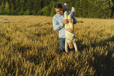 Father holding daughter upside down in field on sunny day - SEAF01440