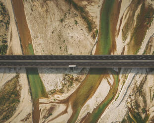 Aerial view of a bridge over the Piave river, Italy. - AAEF16218