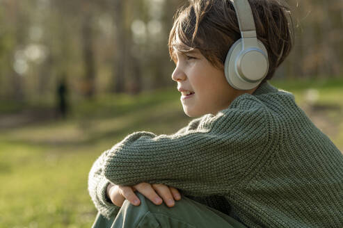 Junge hört Musik über drahtlose Technologie im Park - ANAF00268