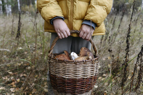 Mädchen hält Korb mit Pilzen im Wald in den Händen - EYAF02263