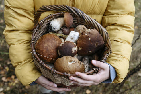 Mädchen hält Korb mit Steinpilzen im Wald in den Händen - EYAF02264